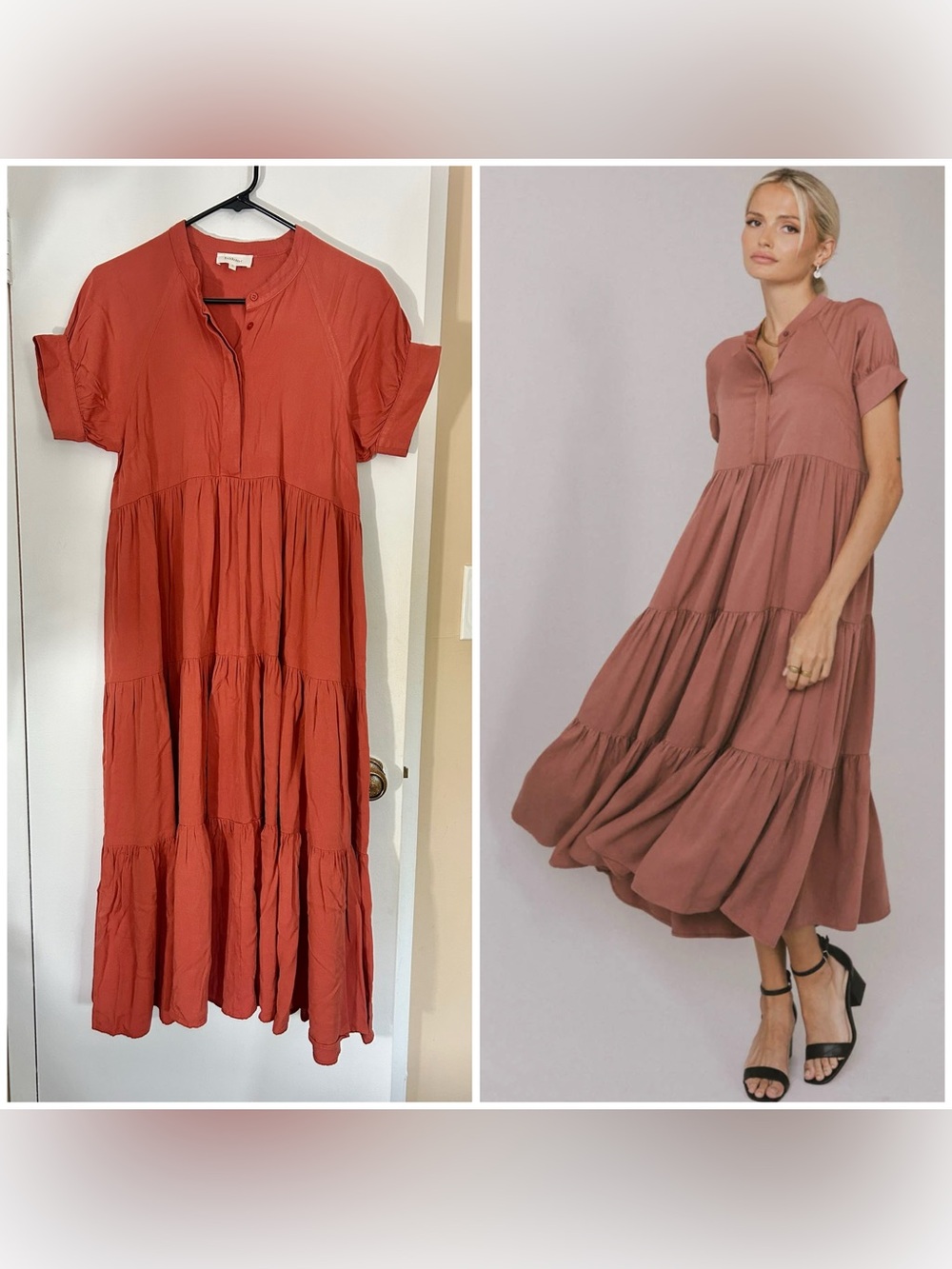 Böhme Amanda Tiered Short-Sleeve Midi Dress in Burnt Red/Orange, Women’s Small